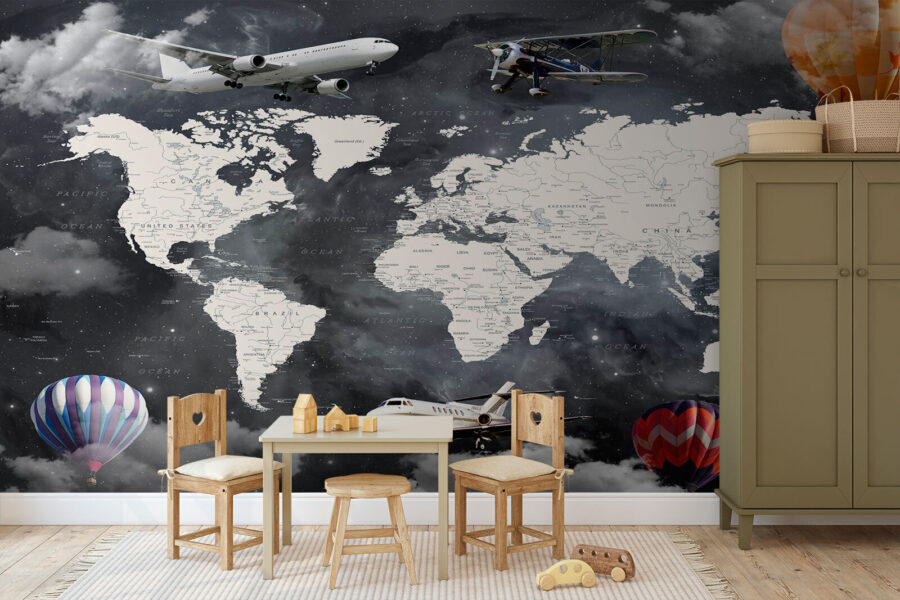 Wall murals Map of the world with airplanes and hot air balloons - Image 2