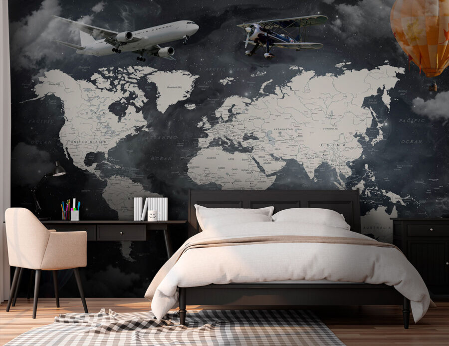 Wall murals Map of the world with airplanes and hot air balloons