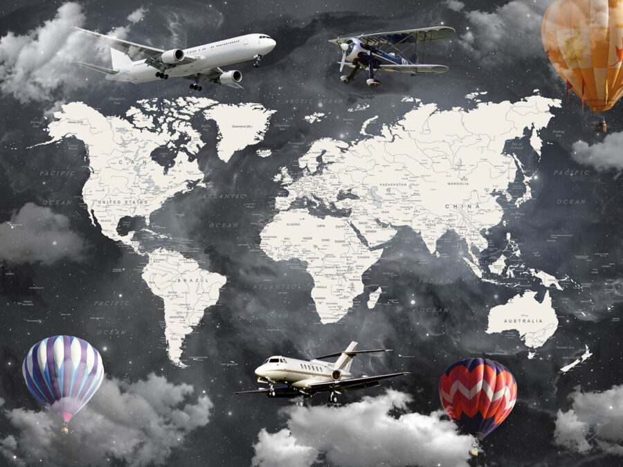 Map of the world with airplanes and hot air balloons