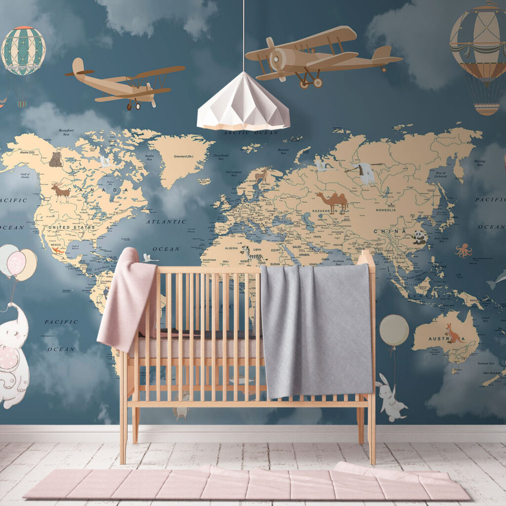 Map of the world with airplanes and balloons Map of the world with airplanes and balloons