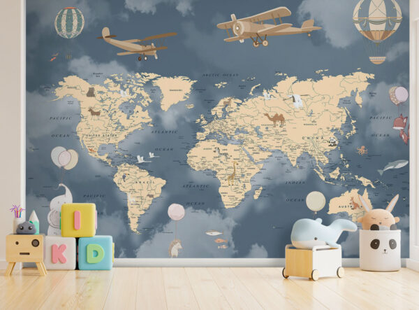 Wall murals Wall murals Map of the world with airplanes and balloons (SKU: u72590)