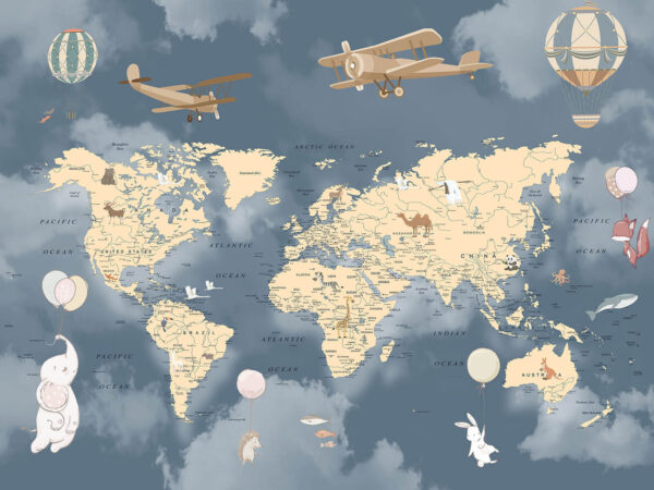 Map of the world with airplanes and balloons Map of the world with airplanes and balloons