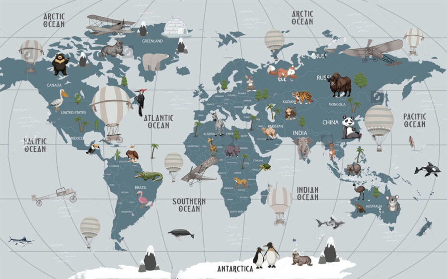 Map of the world with animals