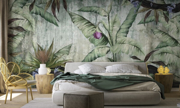 Wallpaper with a banana tree and flowers