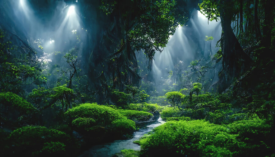 Stream in a forest with trees and plants Stream in a forest with trees and plants