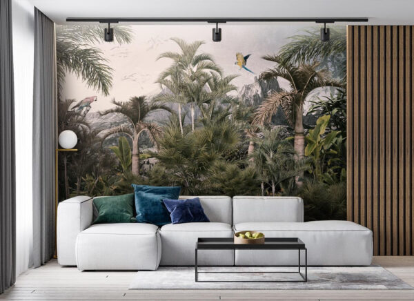 Tropical forest with palm trees and a bird flying Tropical forest with palm trees and a bird flying