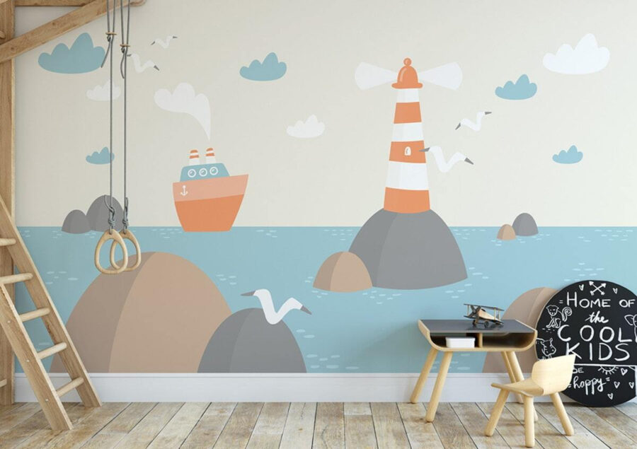 Cartoon of a lighthouse and a boat