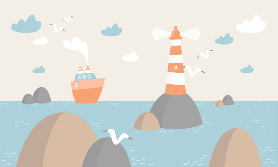 Cartoon of a lighthouse and a boat