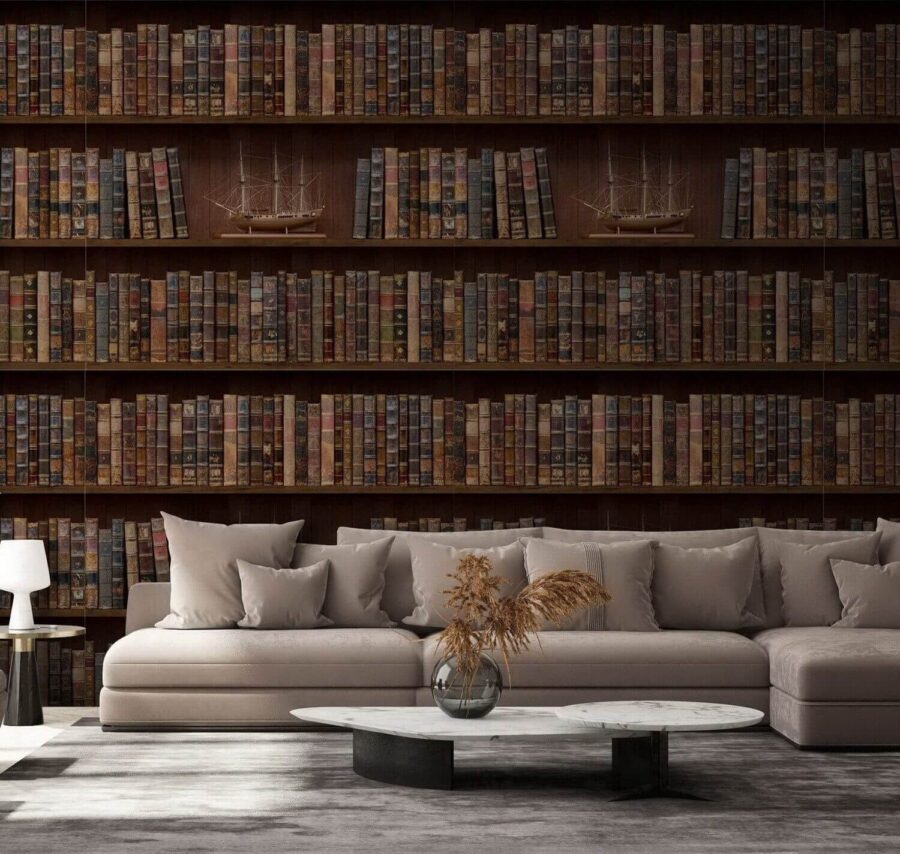 Wall murals Wall of books with boats on them