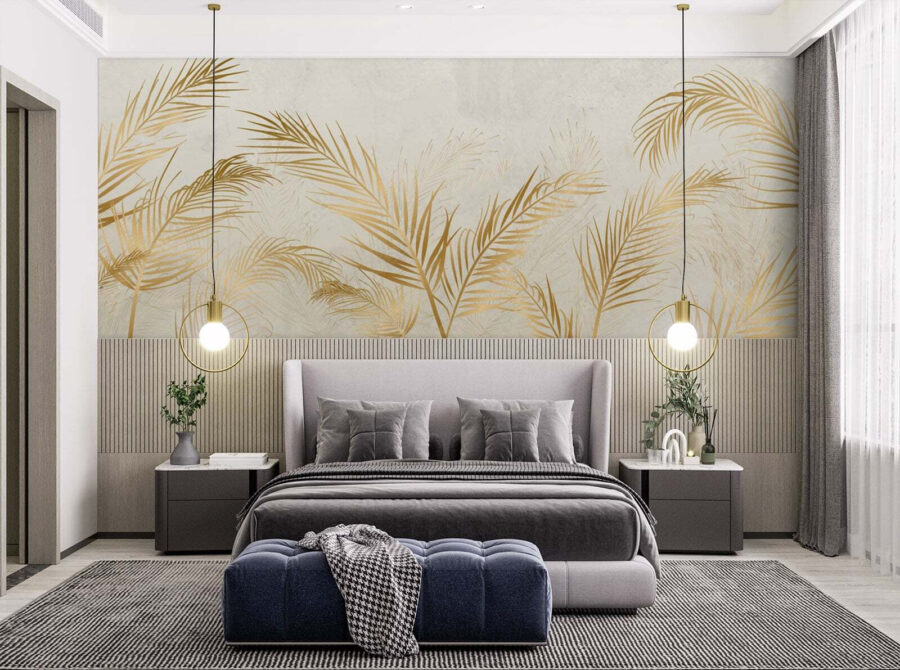 Gold palm leaves on a white background