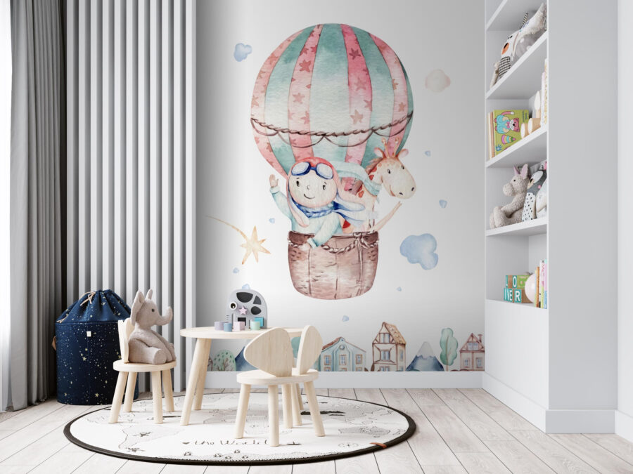 Watercolor illustration of a person in a hot air balloon