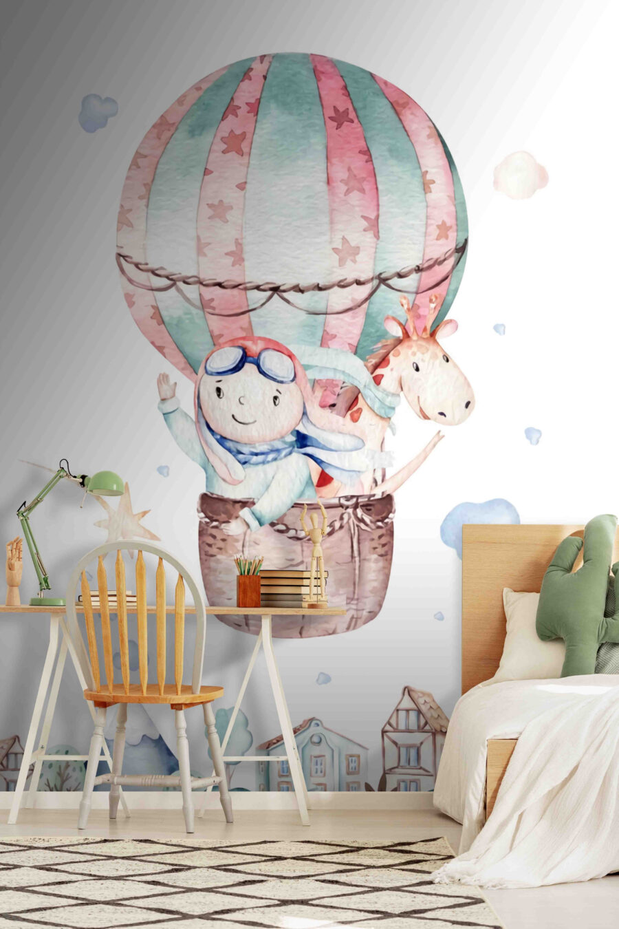 Watercolor illustration of a person in a hot air balloon