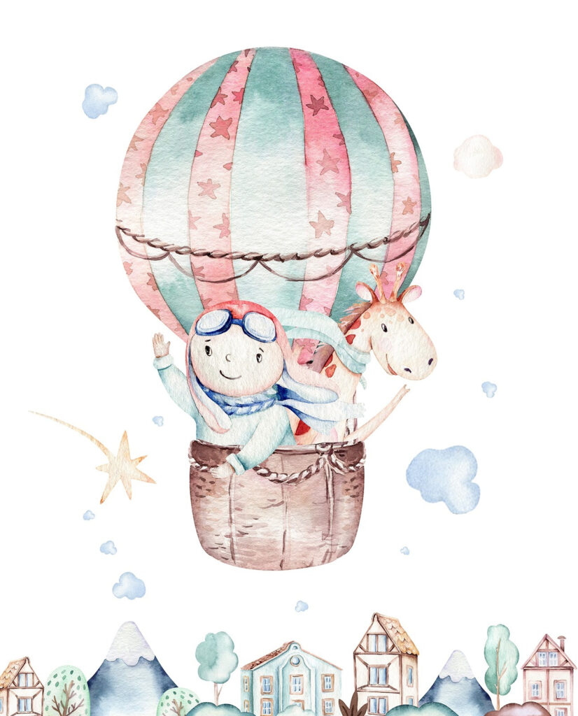 Watercolor illustration of a person in a hot air balloon Watercolor illustration of a person in a hot air balloon