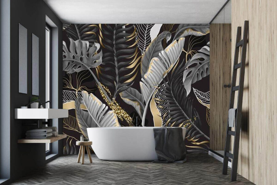 Lush tropical foliage with shimmering accents.
