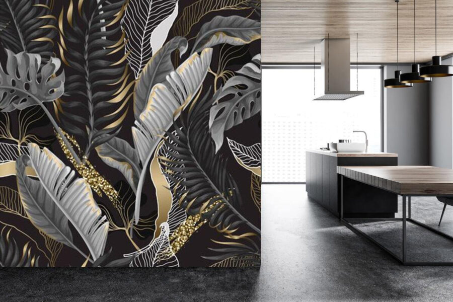 Lush tropical foliage with shimmering accents.