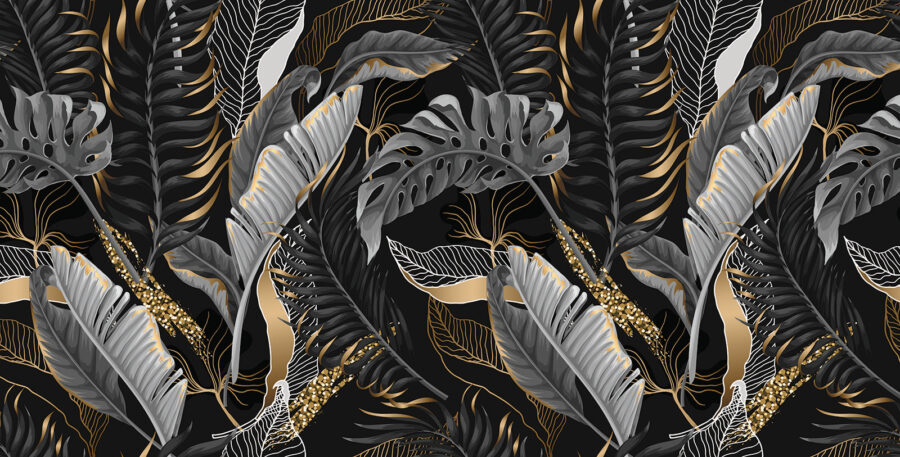 Lush tropical foliage with shimmering accents.