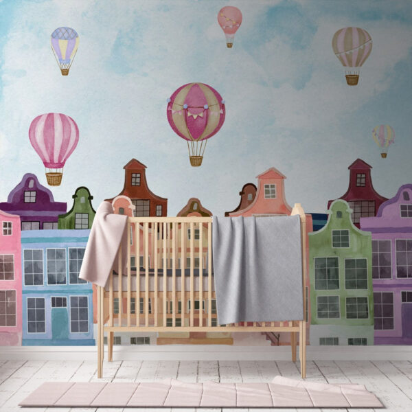 Group of buildings with hot air balloons Group of buildings with hot air balloons