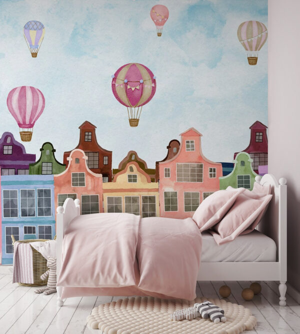 Group of buildings with hot air balloons Group of buildings with hot air balloons