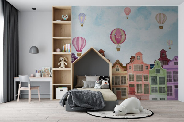 Group of buildings with hot air balloons Group of buildings with hot air balloons