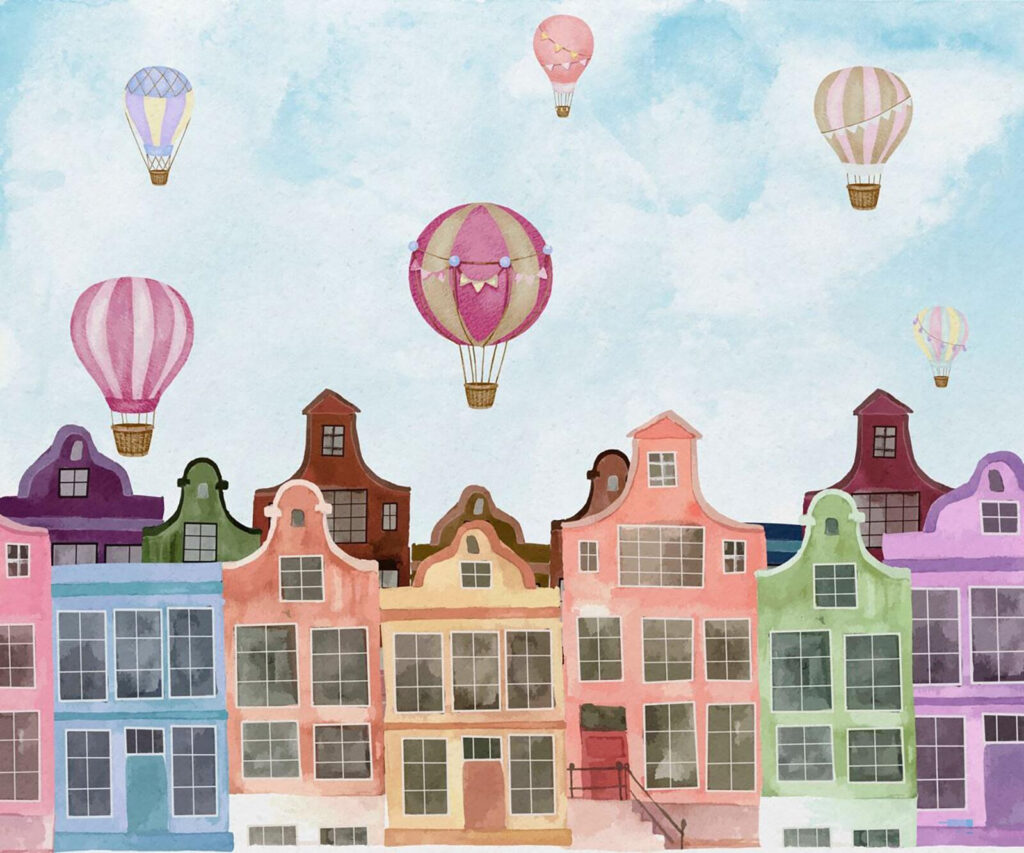 Group of buildings with hot air balloons Group of buildings with hot air balloons