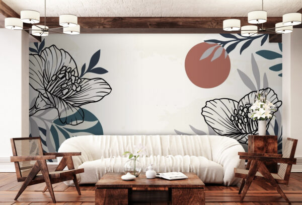 Wall murals Wall murals White background with black and white flowers and leaves (SKU: u71814)