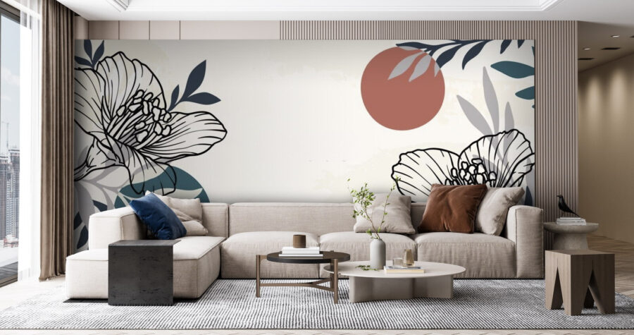 White background with black and white flowers and leaves