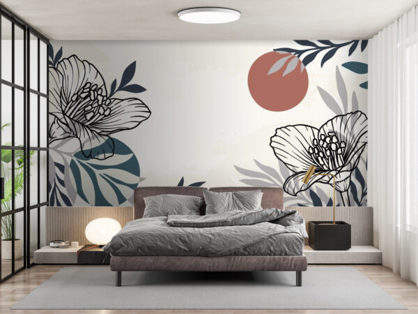 White background with black and white flowers and leaves White background with black and white flowers and leaves