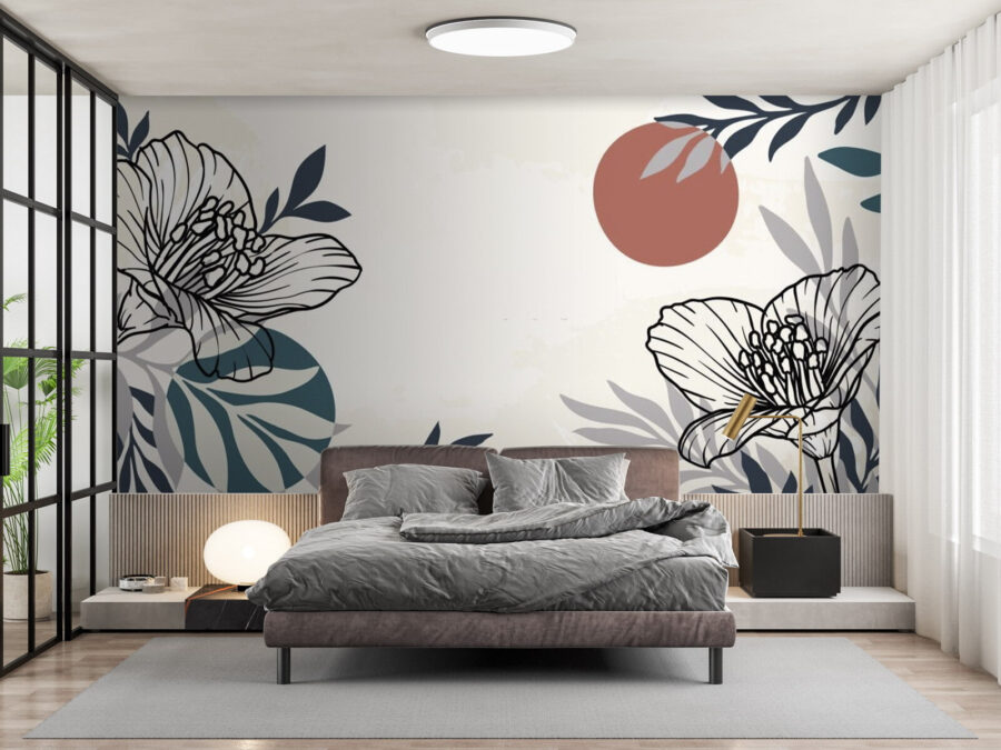 White background with black and white flowers and leaves