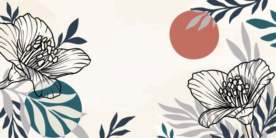 White background with black and white flowers and leaves
