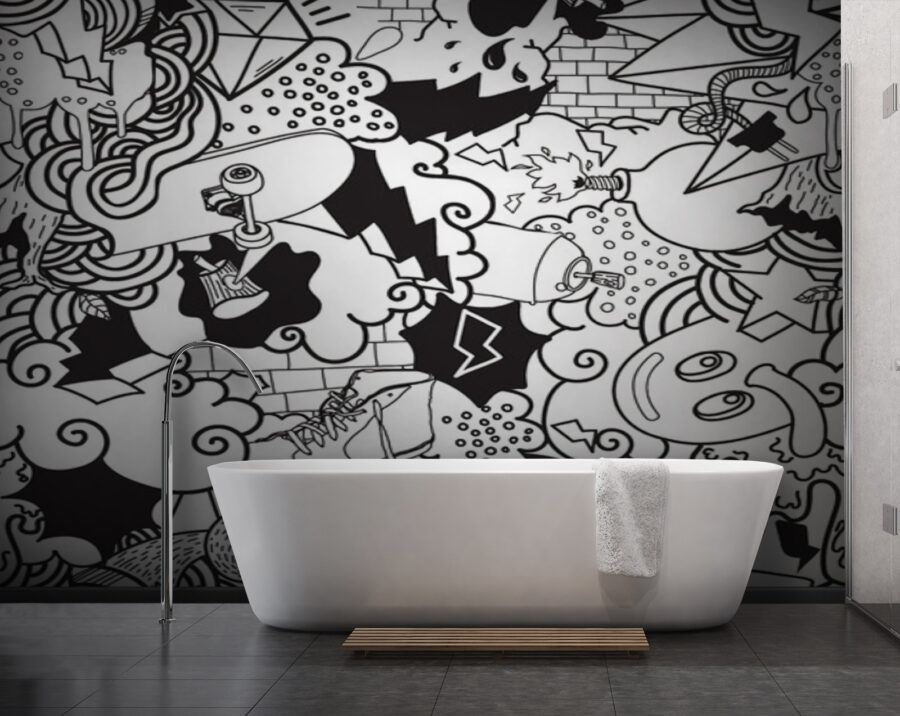 Wall murals Black and white pattern of doodles - Image 3