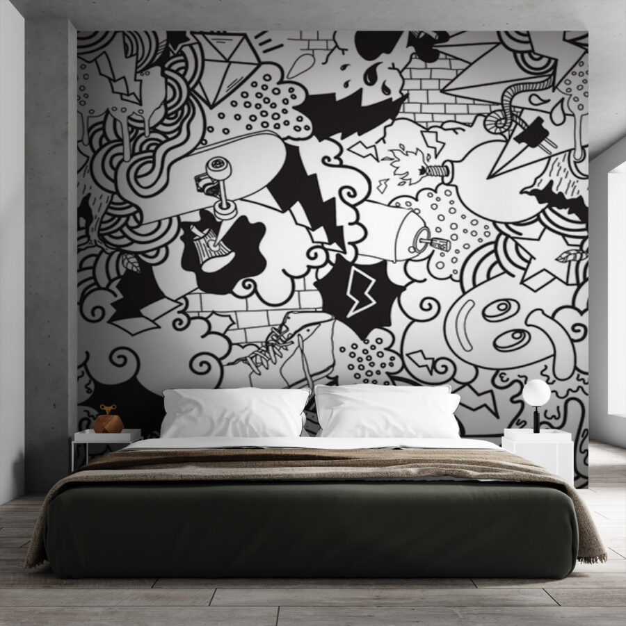 Wall murals Black and white pattern of doodles - Image 2