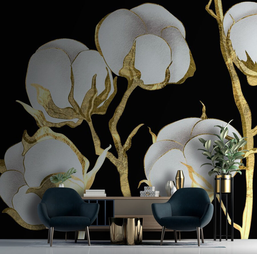 Cotton blooms on a dark backdrop