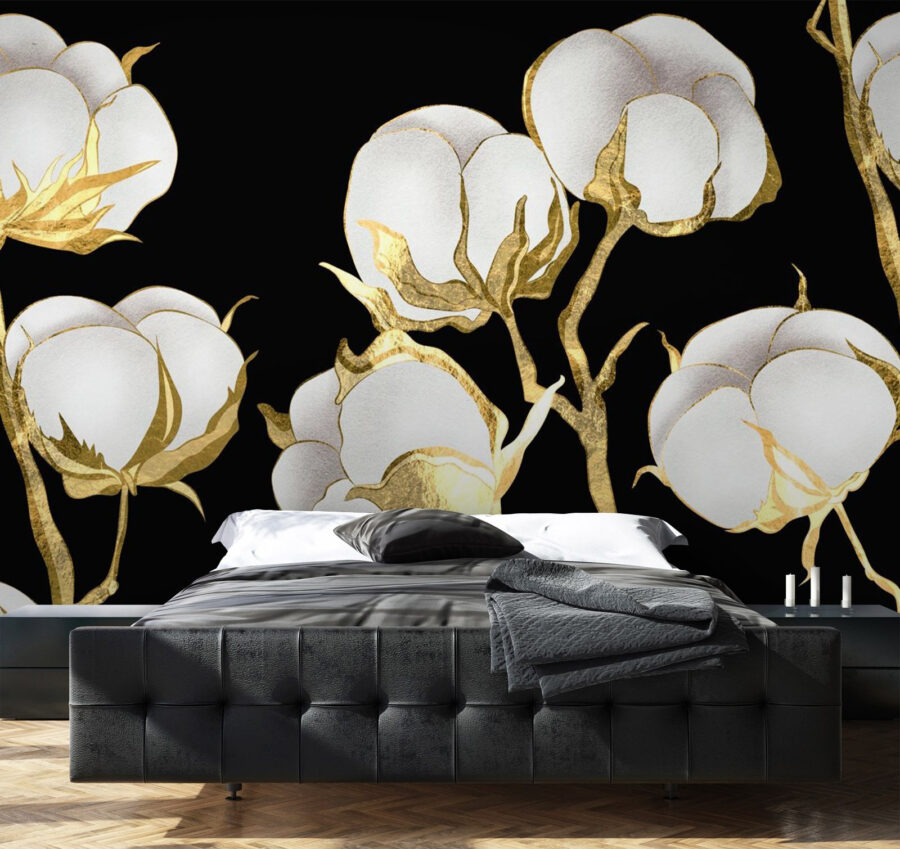 Cotton blooms on a dark backdrop