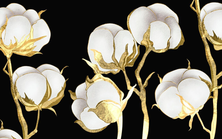 White cotton flowers with gold leaves