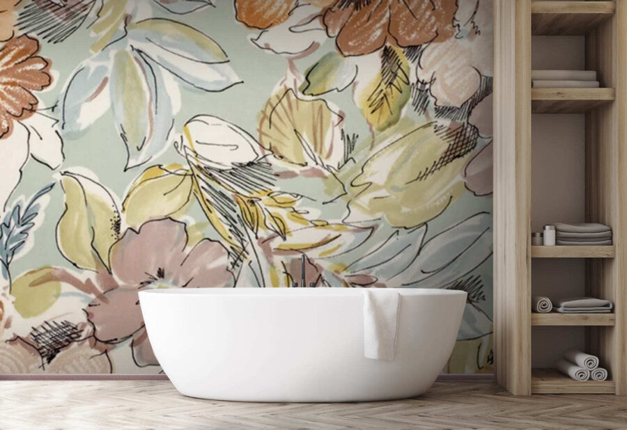 Botanical patterns in soft pastel hues.
