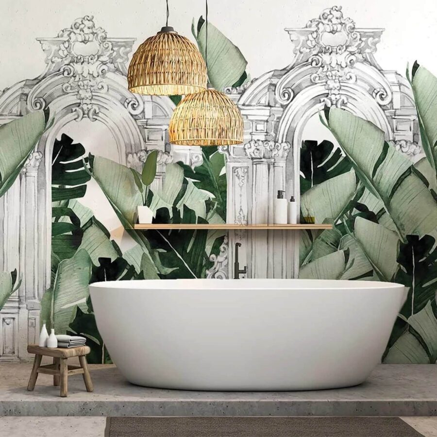 White archway with green leaves