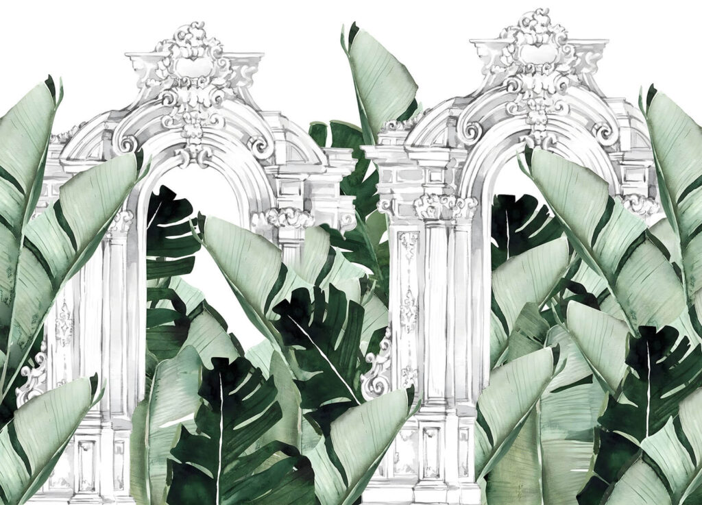 White archway with green leaves White archway with green leaves