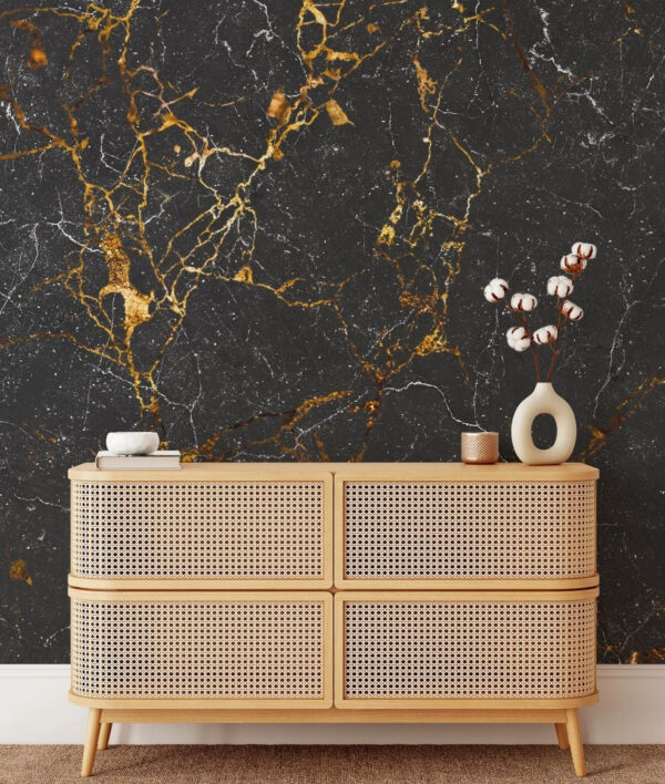 Black marble with amber veining. Black marble with amber veining.