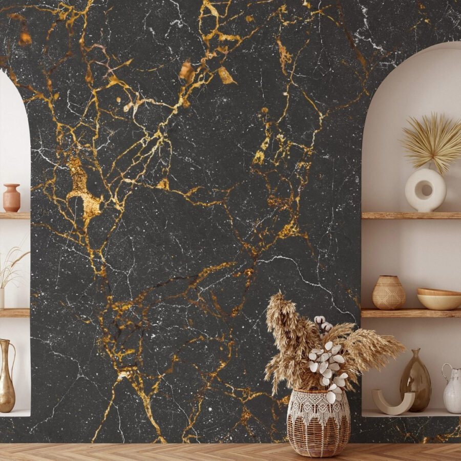 Black marble with amber veining.