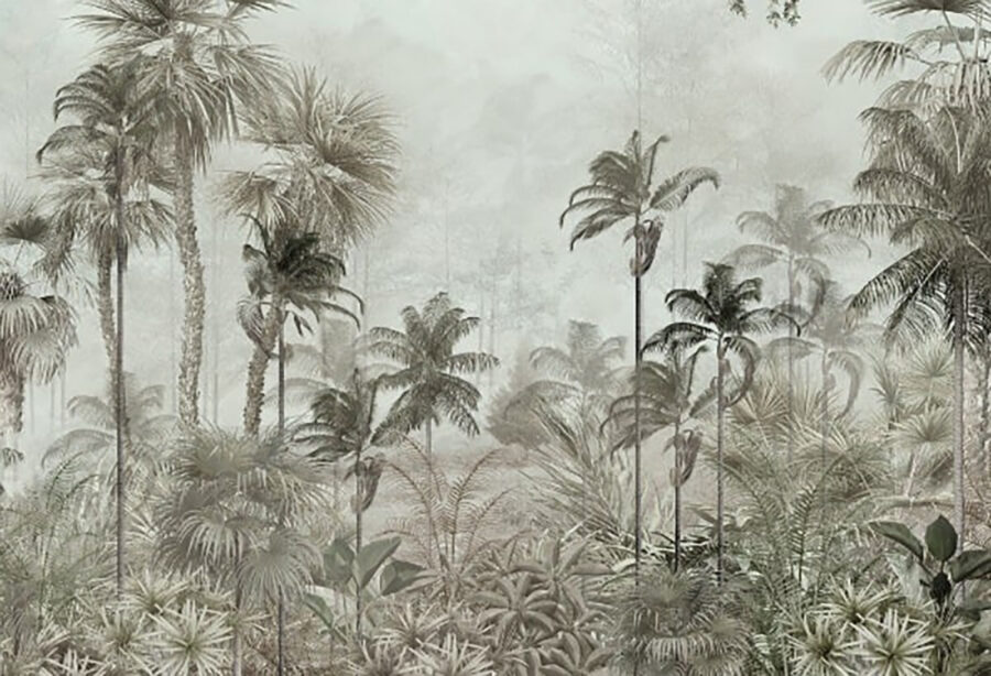 Group of palm trees in a foggy forest