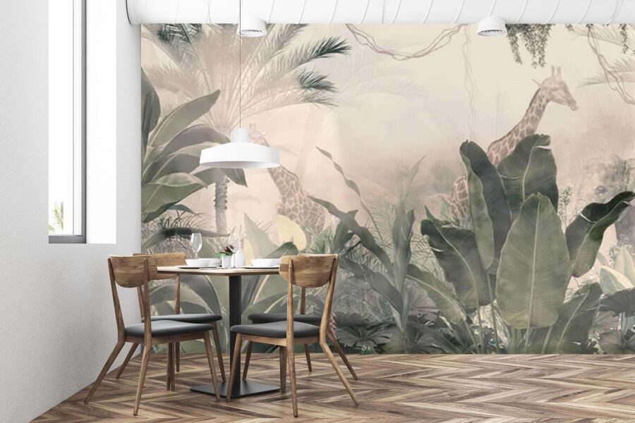 Giraffes in a forest with trees and plants