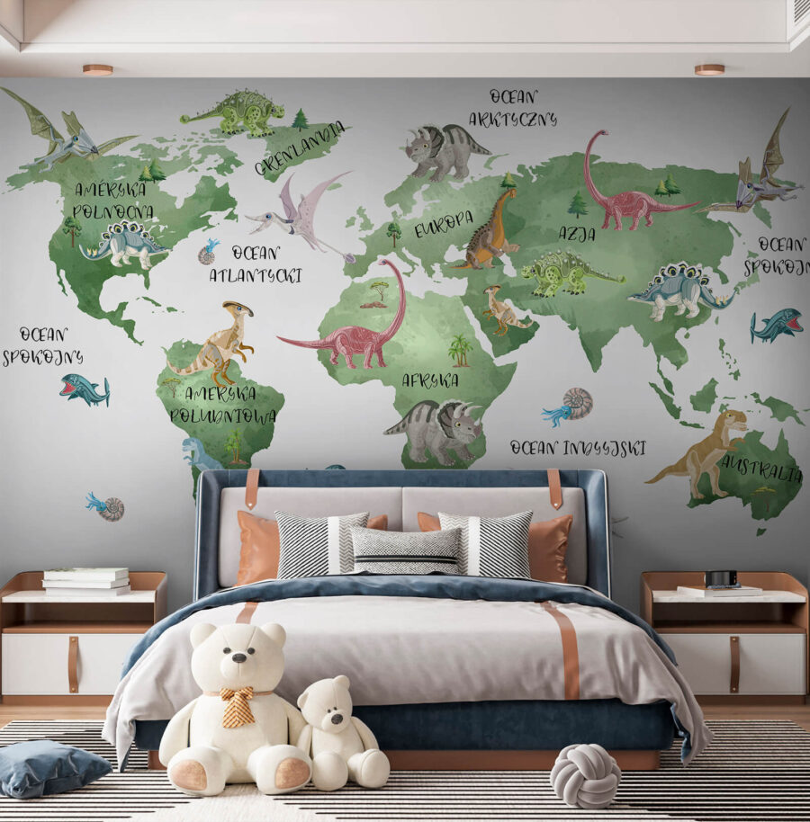 Map of the world with dinosaurs