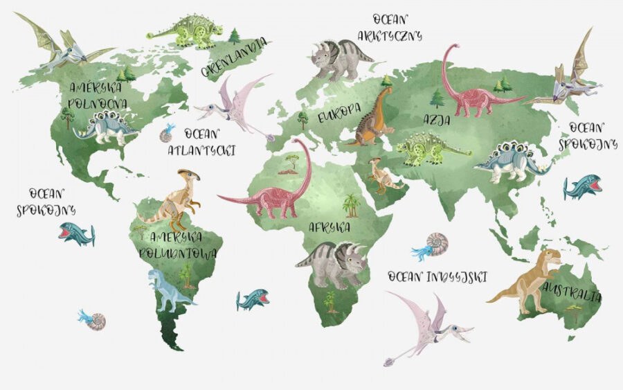 Map of the world with dinosaurs