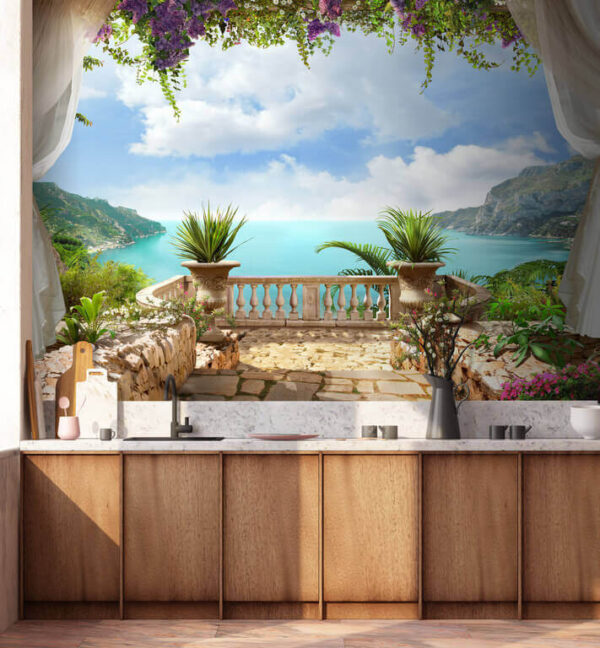Balcony with plants and a view of the ocean Balcony with plants and a view of the ocean
