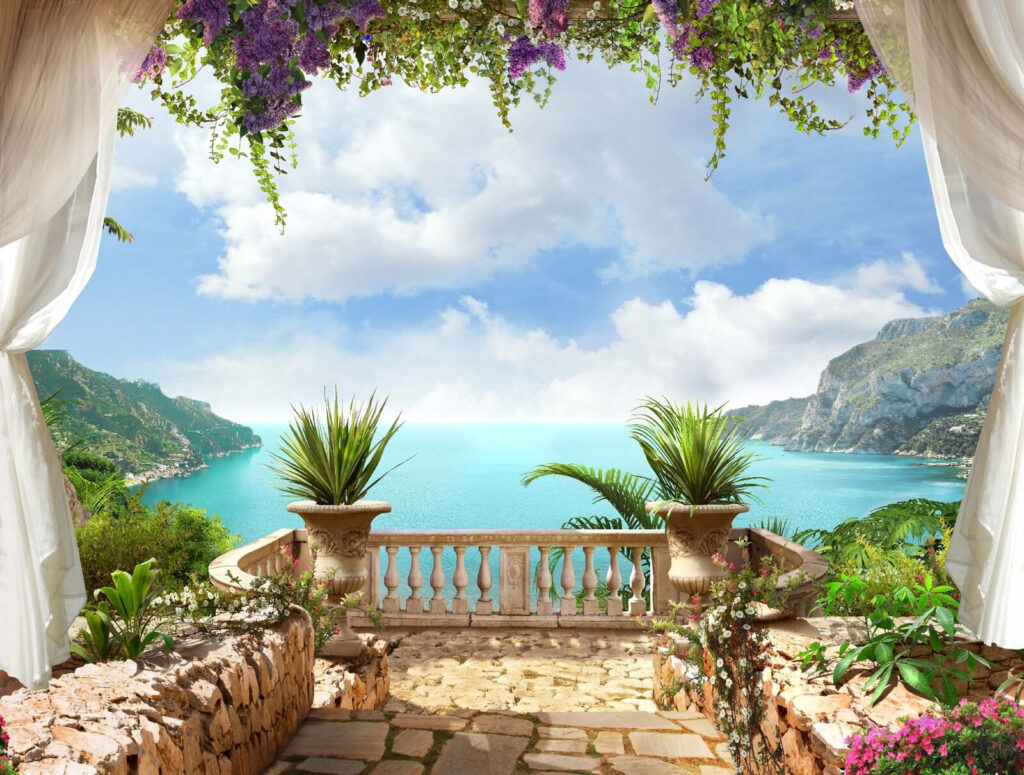 Balcony with plants and a view of the ocean Balcony with plants and a view of the ocean