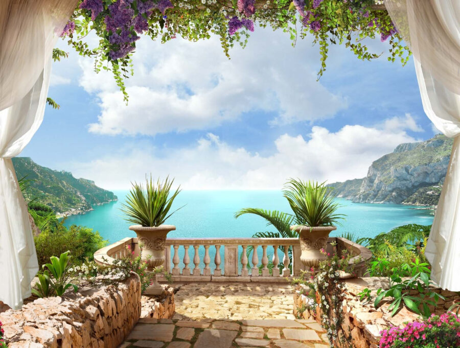 Wall murals Balcony with plants and a view of the ocean - Image 3