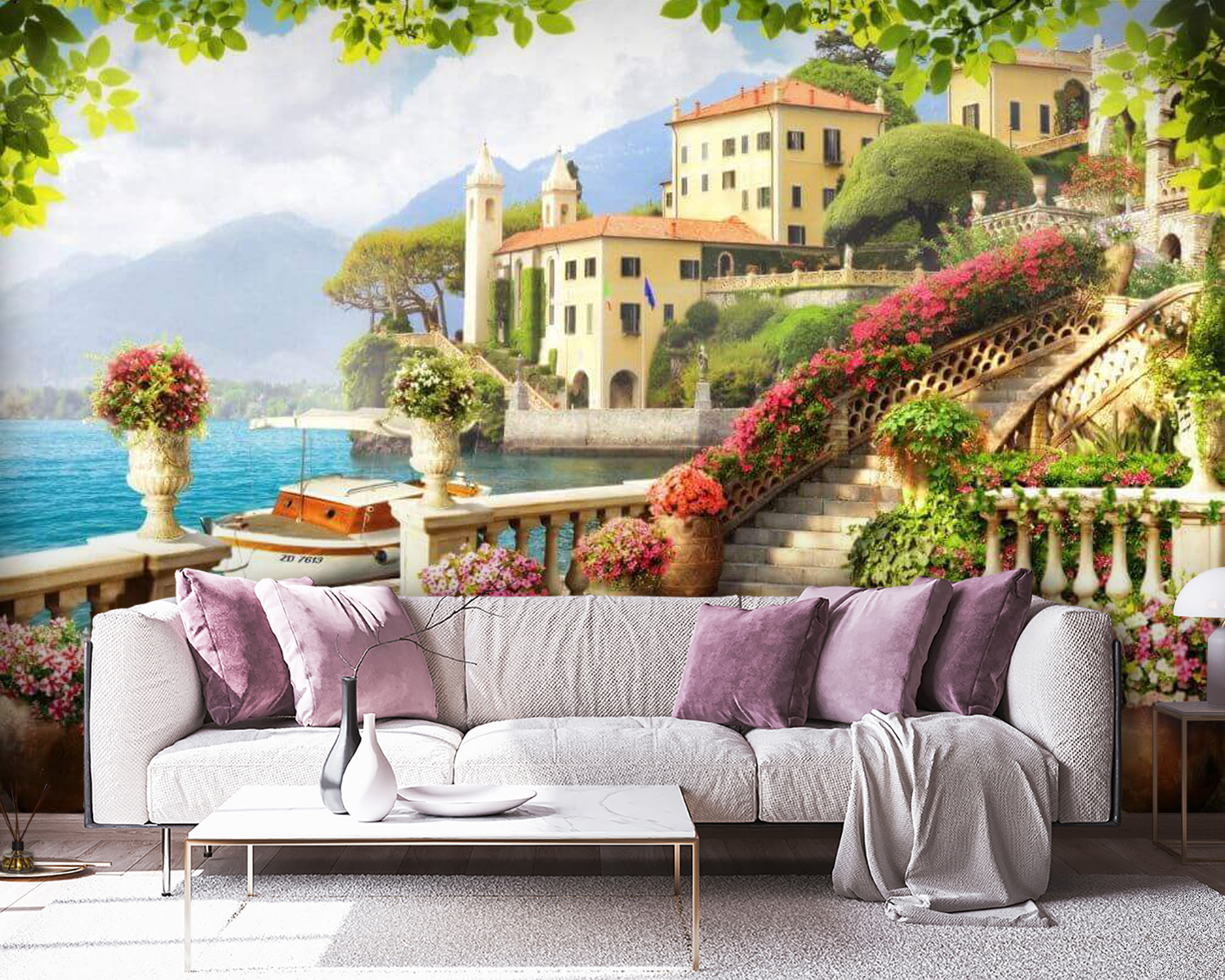 Stone walkway with stairs and flowers on the side of the water Stone walkway with stairs and flowers on the side of the water