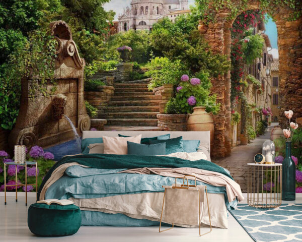 Stone path with a fountain and stairs and flowers Stone path with a fountain and stairs and flowers