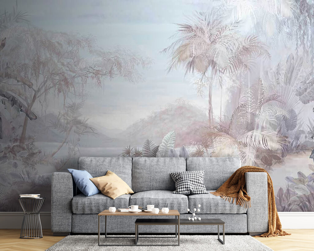 Painting of a landscape with trees and mountains
