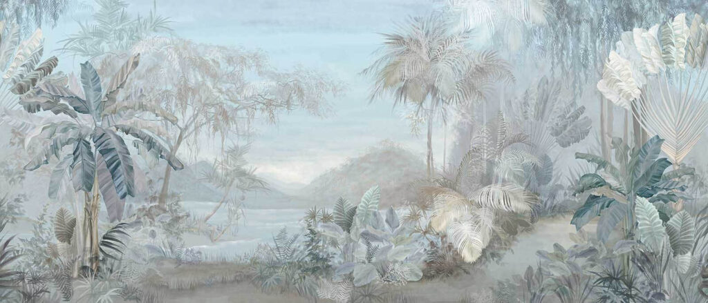 Painting of a landscape with trees and plants Painting of a landscape with trees and plants